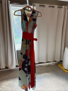 Sleeveless Floral Maxi Dress in Light Blue with Red Accents